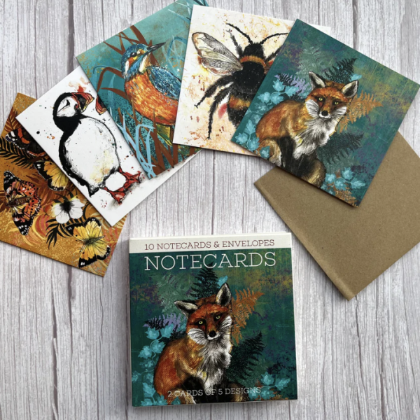 Pack of 10 Notecards - Puffin, Bee, Butterfly, Fox, Kingfisher
