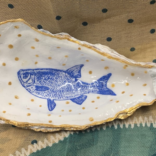 Oyster Shell - Blue Fish with Gold Polka Dots
