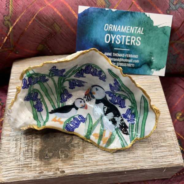 Puffins and Bluebells (Large) - Recycled Oyster Shell