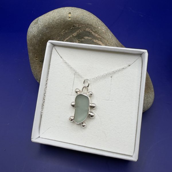 Pale Blue Sea Glass Silver Ball Pendant